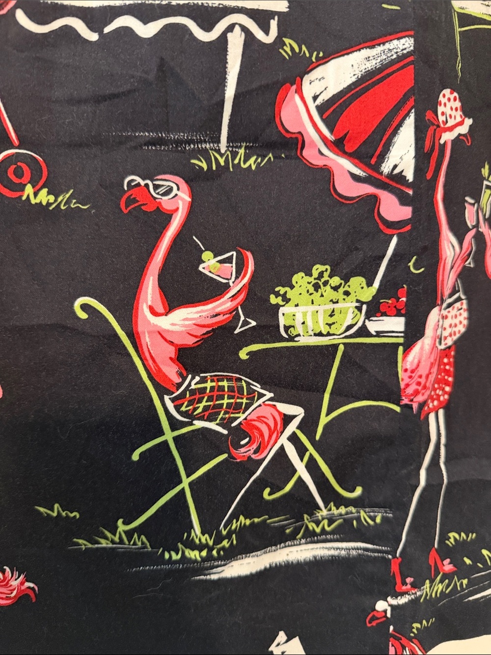 Vintage 90s Novelty Flamingo BBQ Cookout A-Line Skirt - Black with Pink Print - Picture 6 of 13